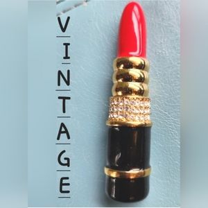 Vtg KENNETH J LANE Glossy RED "KJL" Lipstick Pin Gold Enamel Rhinestones Brooch